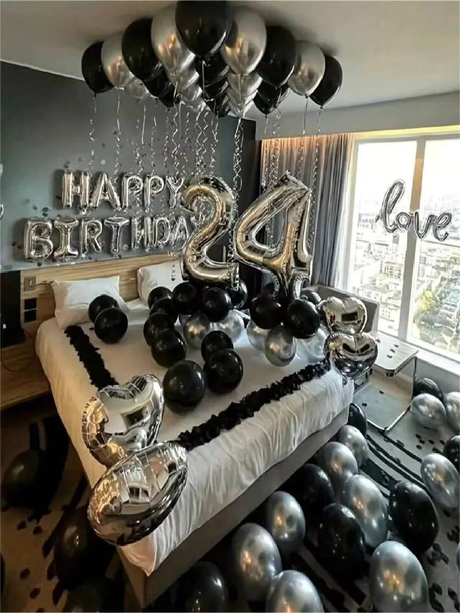 580pcs Black & Silver Balloon Garland Birthday Set, 40 Inch Large Number Foil Balloons, Suitable For Men & Women, 16th Birthday, 18th Birthday, 20th Birthday, 21st Birthday, 25th Birthday, 30th Birthday, 35th Birthday, 45th Birthday Party Decoration