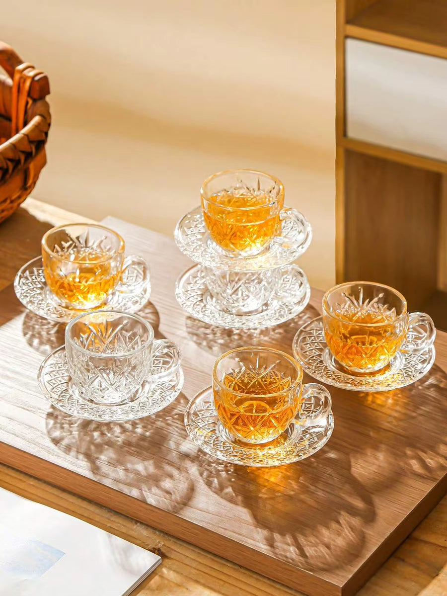1 Set - Glass Coffee Cup & Saucer Set - Small Espresso Cups With Handles - Mini Glass Cups, Transparent Glass Coffee Cup Set - 6 Cups + 6 Saucers - Gift For Coffee Lovers